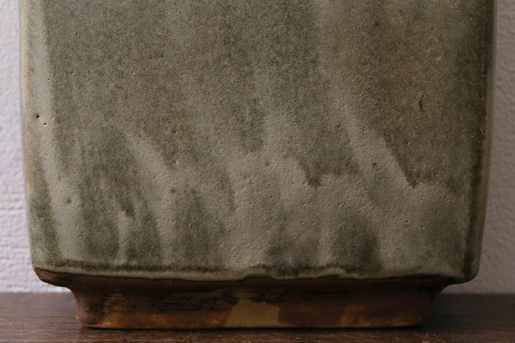 人間国宝　濱田庄司(浜田庄司)　掛合釉扁壷(共箱)(R-041291)