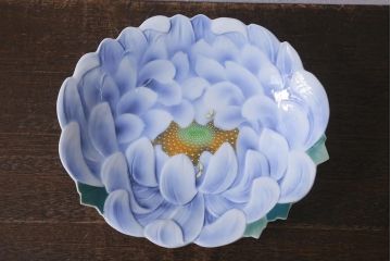 古い深川製磁　花蝶文　変形皿(有田焼、食器、深皿)(R-041298)