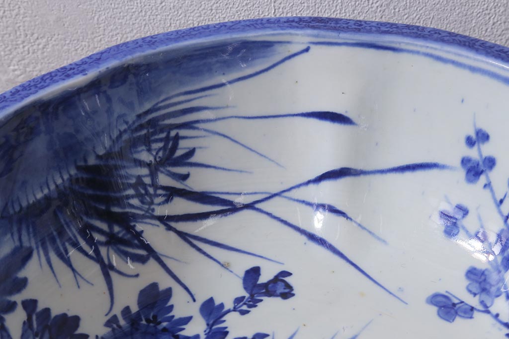 アンティーク雑貨　明治期　染付　べろ藍　草花文　特大深鉢(和食器、深皿)(R-041299)