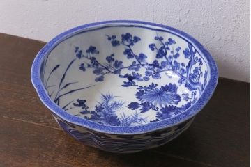 アンティーク雑貨　明治期　染付　べろ藍　草花文　特大深鉢(和食器、深皿)(R-041299)