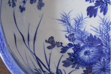 アンティーク雑貨　明治期　染付　べろ藍　草花文　特大深鉢(和食器、深皿)(R-041299)