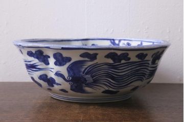 アンティーク雑貨　明治期　染付　べろ藍　草花文　特大深鉢(和食器、深皿)(R-041299)