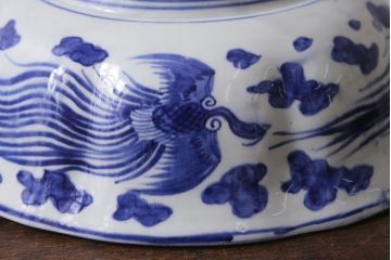 アンティーク雑貨　明治期　染付　べろ藍　草花文　特大深鉢(和食器、深皿)(R-041299)