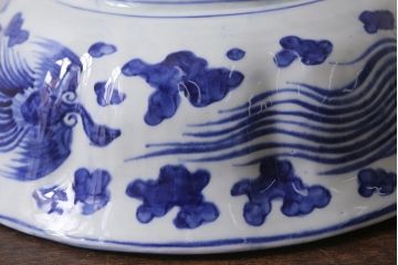アンティーク雑貨　明治期　染付　べろ藍　草花文　特大深鉢(和食器、深皿)(R-041299)