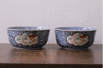アンティーク雑貨　江戸期　古伊万里　蛸唐草窓絵深皿2枚セット(色絵深鉢、和食器)(R-041309)