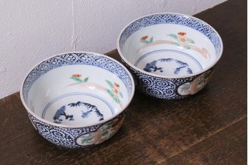 アンティーク雑貨　江戸期　古伊万里　蛸唐草窓絵深皿2枚セット(色絵深鉢、和食器)(R-041310)