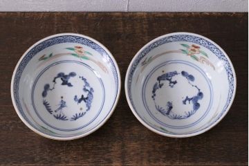 アンティーク雑貨　江戸期　古伊万里　蛸唐草窓絵深皿2枚セット(色絵深鉢、和食器)(R-041310)