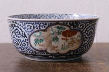 アンティーク雑貨　江戸期　古伊万里　蛸唐草窓絵深皿2枚セット(色絵深鉢、和食器)(R-041310)