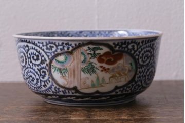 アンティーク雑貨　江戸期　古伊万里　蛸唐草窓絵深皿(色絵深鉢、和食器)(R-041311)