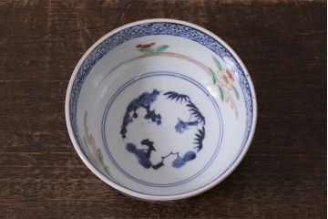 アンティーク雑貨　江戸期　古伊万里　蛸唐草窓絵深皿(色絵深鉢、和食器)(R-041311)