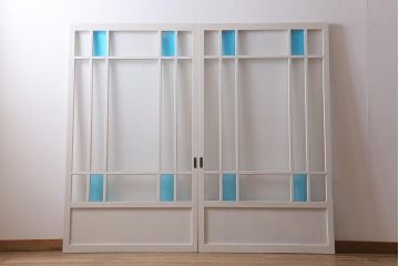 アンティーク建具　昭和中期　ペイント　色ガラス・銀モールガラス　爽やかなカラーが目を引くガラス戸2枚セット(引き戸、建具)(R-041320)