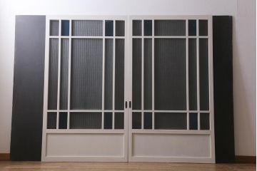 アンティーク建具　昭和中期　ペイント　色ガラス・銀モールガラス　爽やかなカラーが目を引くガラス戸2枚セット(引き戸、建具)(R-041320)