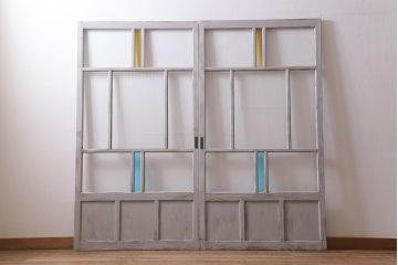 アンティーク建具　昭和初期　ペイント　色ガラス・モールガラス　色ガラスがレトロなガラス戸2枚セット(引き戸、建具)(R-041321)