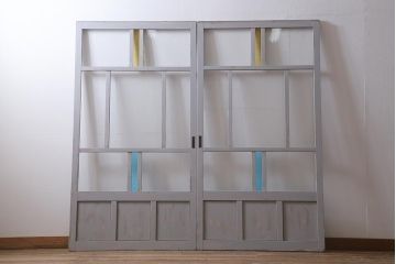 アンティーク建具　昭和初期　ペイント　色ガラス・モールガラス　色ガラスがレトロなガラス戸2枚セット(引き戸、建具)(R-041321)