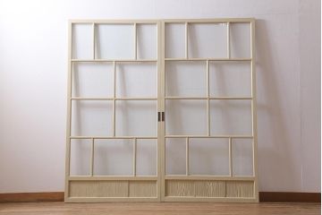 アンティーク建具　昭和初期　当店オリジナルガラス　花菱模様　ナチュラルスタイルの空間におすすめなガラス戸2枚セット(引き戸、建具)(R-041322)