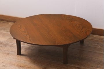 アンティーク家具　昭和初期　栓材　温かみのある木味が魅力のレトロな丸ちゃぶ台(折りたたみテーブル、座卓、ローテーブル)(R-041330)