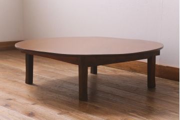 アンティーク家具　昭和初期　栓材　温かみのある木味が魅力のレトロな丸ちゃぶ台(折りたたみテーブル、座卓、ローテーブル)(R-041330)