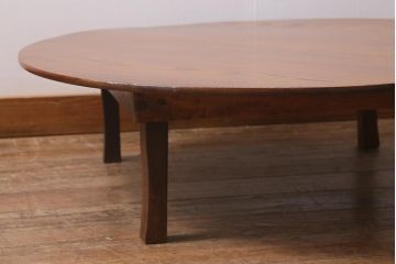 アンティーク家具　昭和初期　栓材　温かみのある木味が魅力のレトロな丸ちゃぶ台(折りたたみテーブル、座卓、ローテーブル)(R-041330)