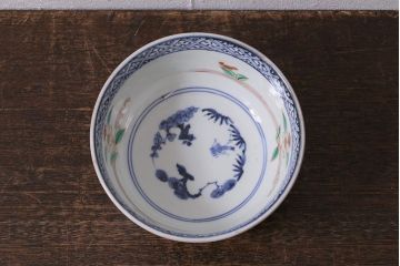 アンティーク雑貨　江戸期　古伊万里　蛸唐草窓絵深皿(色絵深鉢、和食器)(R-041332)