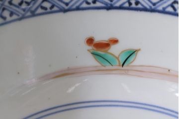 アンティーク雑貨　江戸期　古伊万里　蛸唐草窓絵深皿(色絵深鉢、和食器)(R-041332)
