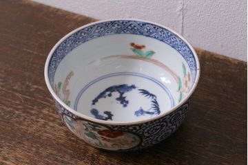 アンティーク雑貨　江戸期　古伊万里　蛸唐草窓絵深皿(色絵深鉢、和食器)(R-041333)