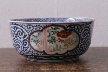 アンティーク雑貨　江戸期　古伊万里　蛸唐草窓絵深皿(色絵深鉢、和食器)(R-041333)