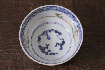 アンティーク雑貨　江戸期　古伊万里　蛸唐草窓絵深皿(色絵深鉢、和食器)(R-041333)