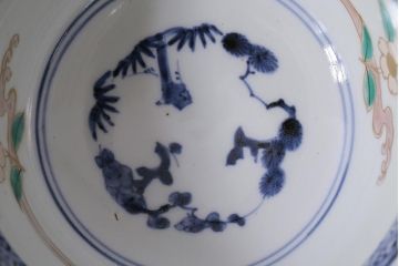アンティーク雑貨　江戸期　古伊万里　蛸唐草窓絵深皿(色絵深鉢、和食器)(R-041333)