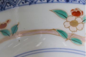 アンティーク雑貨　江戸期　古伊万里　蛸唐草窓絵深皿(色絵深鉢、和食器)(R-041333)