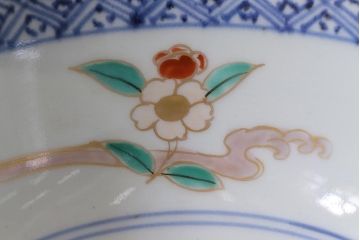 アンティーク雑貨　江戸期　古伊万里　蛸唐草窓絵深皿(色絵深鉢、和食器)(R-041333)