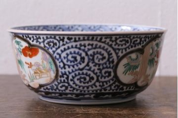 アンティーク雑貨　江戸期　古伊万里　蛸唐草窓絵深皿(色絵深鉢、和食器)(R-041333)