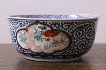 アンティーク雑貨　江戸期　古伊万里　蛸唐草窓絵深皿(色絵深鉢、和食器)(R-041333)