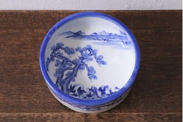 アンティーク雑貨　大正期　松に唐子文　染付深皿(鉢、和食器)(R-041337)