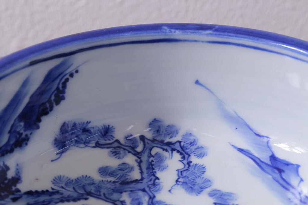 アンティーク雑貨　大正期　松に唐子文　染付深皿(鉢、和食器)(R-041337)