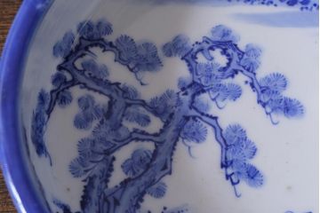 アンティーク雑貨　大正期　松に唐子文　染付深皿(鉢、和食器)(R-041337)