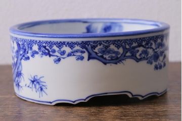 アンティーク雑貨　大正期　松に唐子文　染付深皿(鉢、和食器)(R-041337)