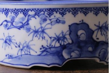 アンティーク雑貨　大正期　松に唐子文　染付深皿(鉢、和食器)(R-041337)