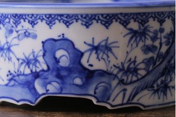 アンティーク雑貨　大正期　松に唐子文　染付深皿(鉢、和食器)(R-041337)