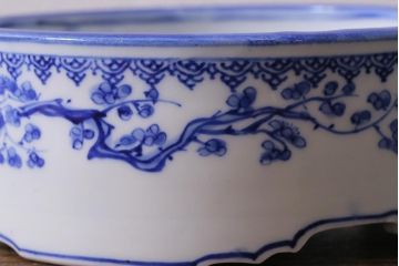 アンティーク雑貨　大正期　松に唐子文　染付深皿(鉢、和食器)(R-041337)