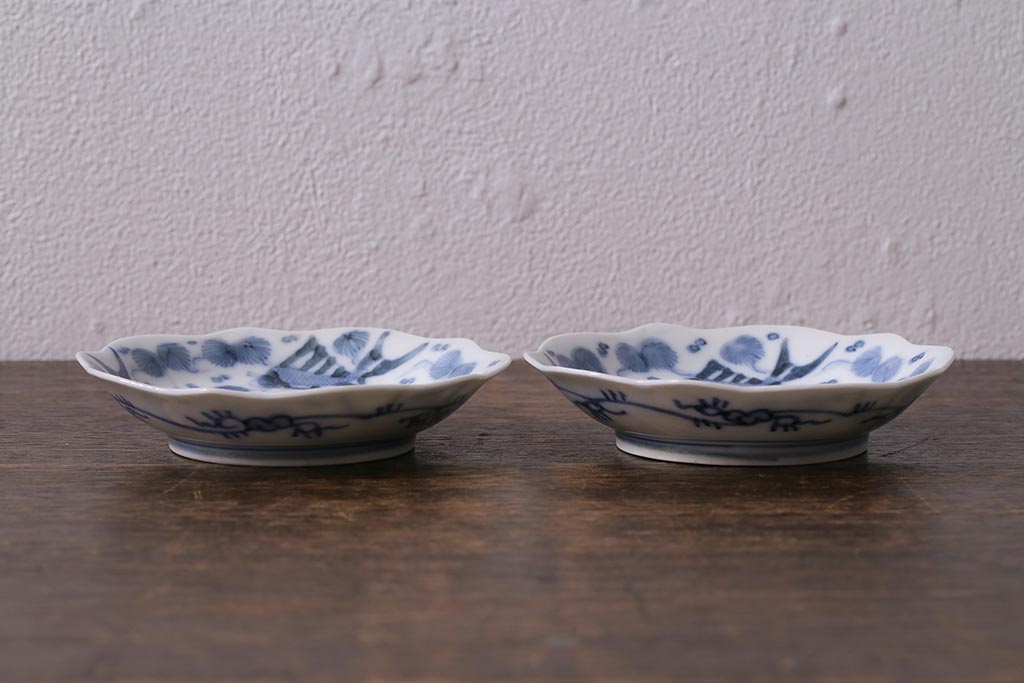 アンティーク雑貨　古民具・骨董　江戸明治期　伊万里焼　染付魚文　小皿2枚(R-041340)