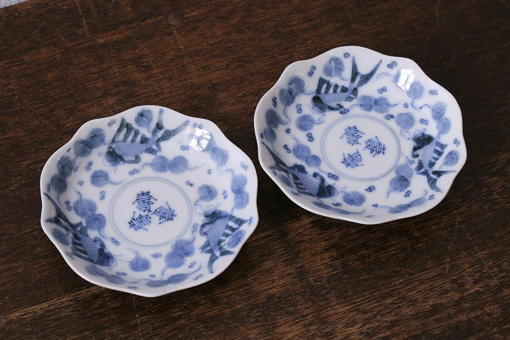 アンティーク雑貨　古民具・骨董　江戸明治期　伊万里焼　染付魚文　小皿2枚(R-041340)