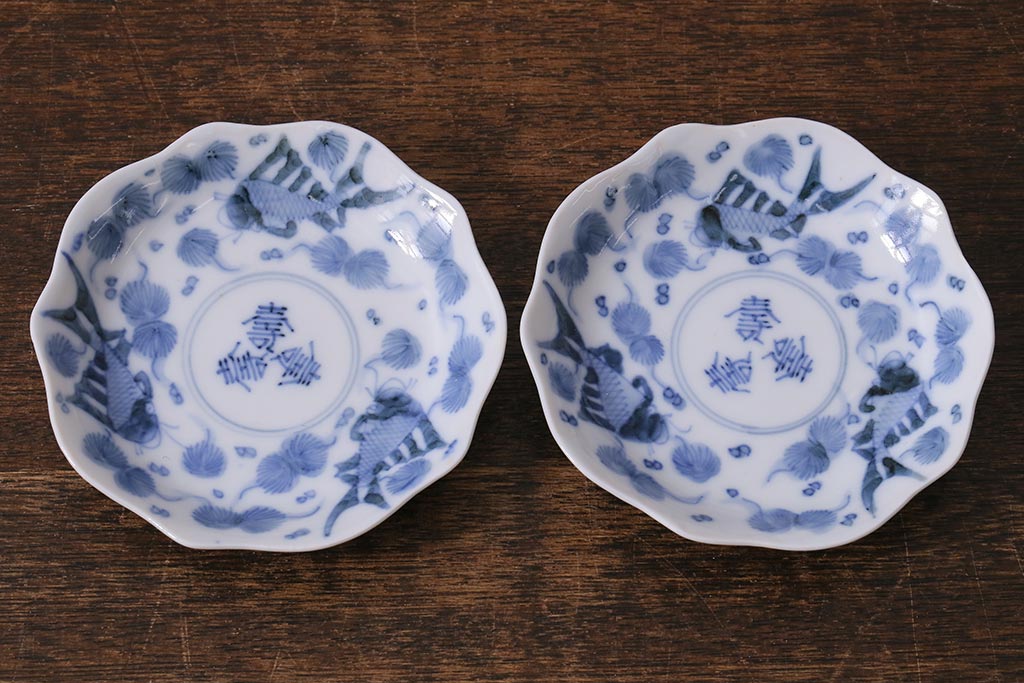 アンティーク雑貨　古民具・骨董　江戸明治期　伊万里焼　染付魚文　小皿2枚(R-041340)