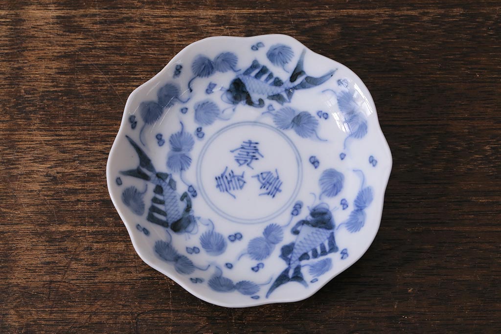 アンティーク雑貨　古民具・骨董　江戸明治期　伊万里焼　染付魚文　小皿2枚(R-041340)