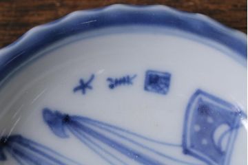 アンティーク雑貨　骨董　江戸期　古伊万里　船の図　染付小皿3枚セット(和食器)(R-041341)