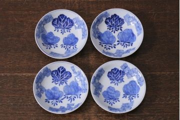 アンティーク雑貨　骨董　幕末明治　伊万里焼　五三桐文　染付小皿4枚セット(和食器)(R-041342)