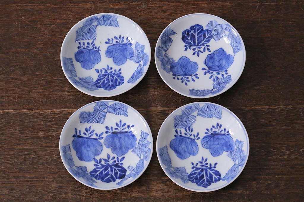 アンティーク雑貨　骨董　幕末明治　伊万里焼　五三桐文　染付小皿4枚セット(和食器)(R-041343)