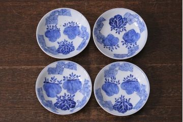 アンティーク雑貨　骨董　幕末明治　伊万里焼　五三桐文　染付小皿4枚セット(和食器)(R-041343)