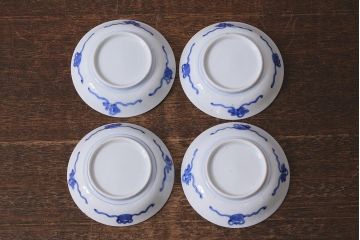 アンティーク雑貨　骨董　幕末明治　伊万里焼　五三桐文　染付小皿4枚セット(和食器)(R-041344)