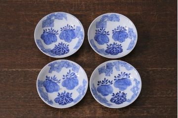 アンティーク雑貨　骨董　幕末明治　伊万里焼　五三桐文　染付小皿4枚セット(和食器)(R-041345)