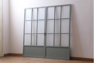 アンティーク建具　昭和中期　ペイント　当店オリジナルガラス・花菱模様　お洒落なガラス戸2枚セット(引き戸、建具)(R-041365)